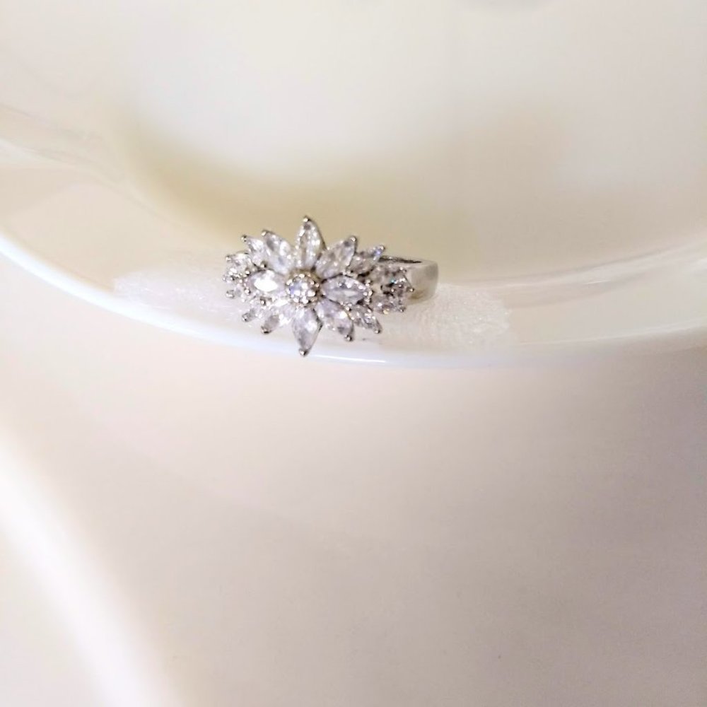 QVC Diamonique Epiphany Platinum Clad Marquis Flare Ring Size 9 - Never Worn.